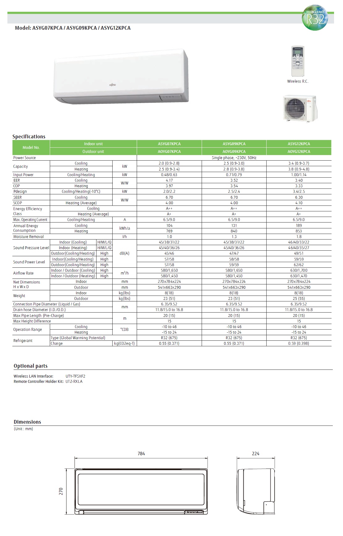 Klimageräte Fujitsu Mono Split 12000 Btu ASYG12KPCA AOYG12KPCA